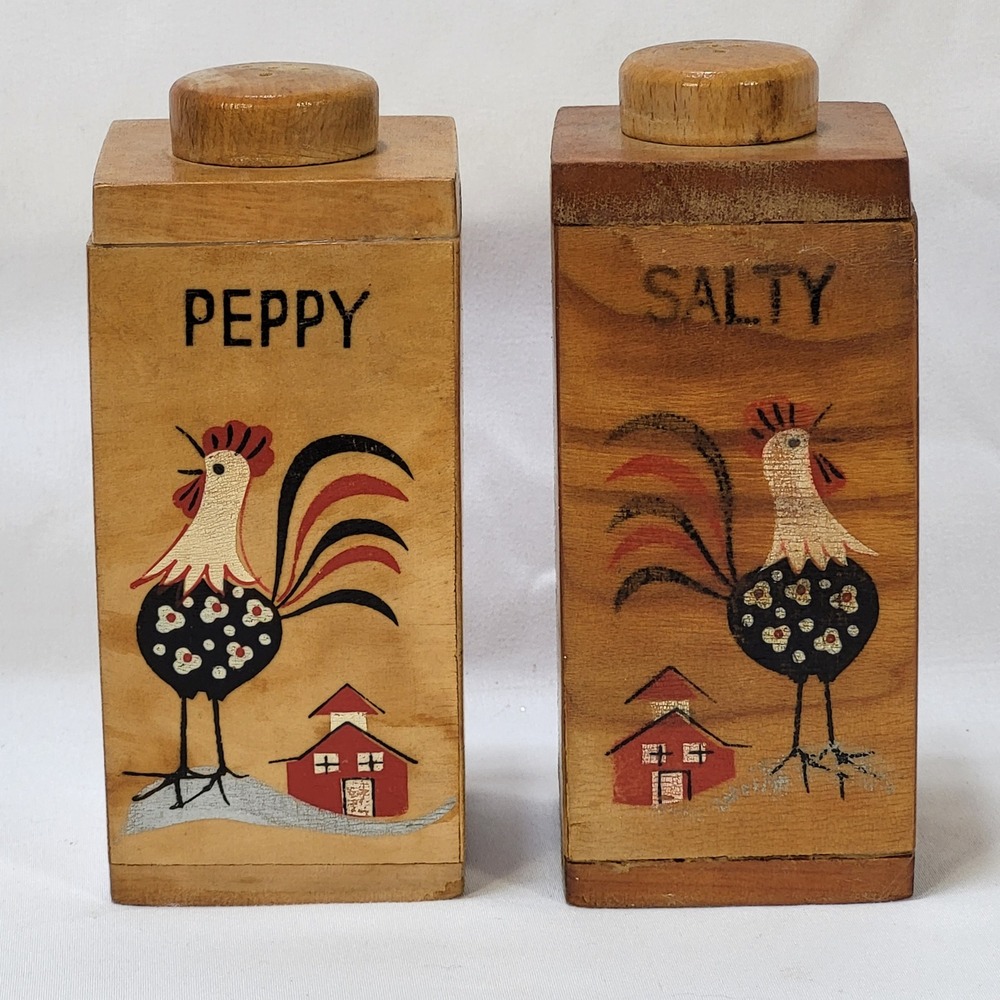 Vintage Japan Salty Peppy Wood Rooster Salt Pepper Shakers MCM Kitsch 5.5in